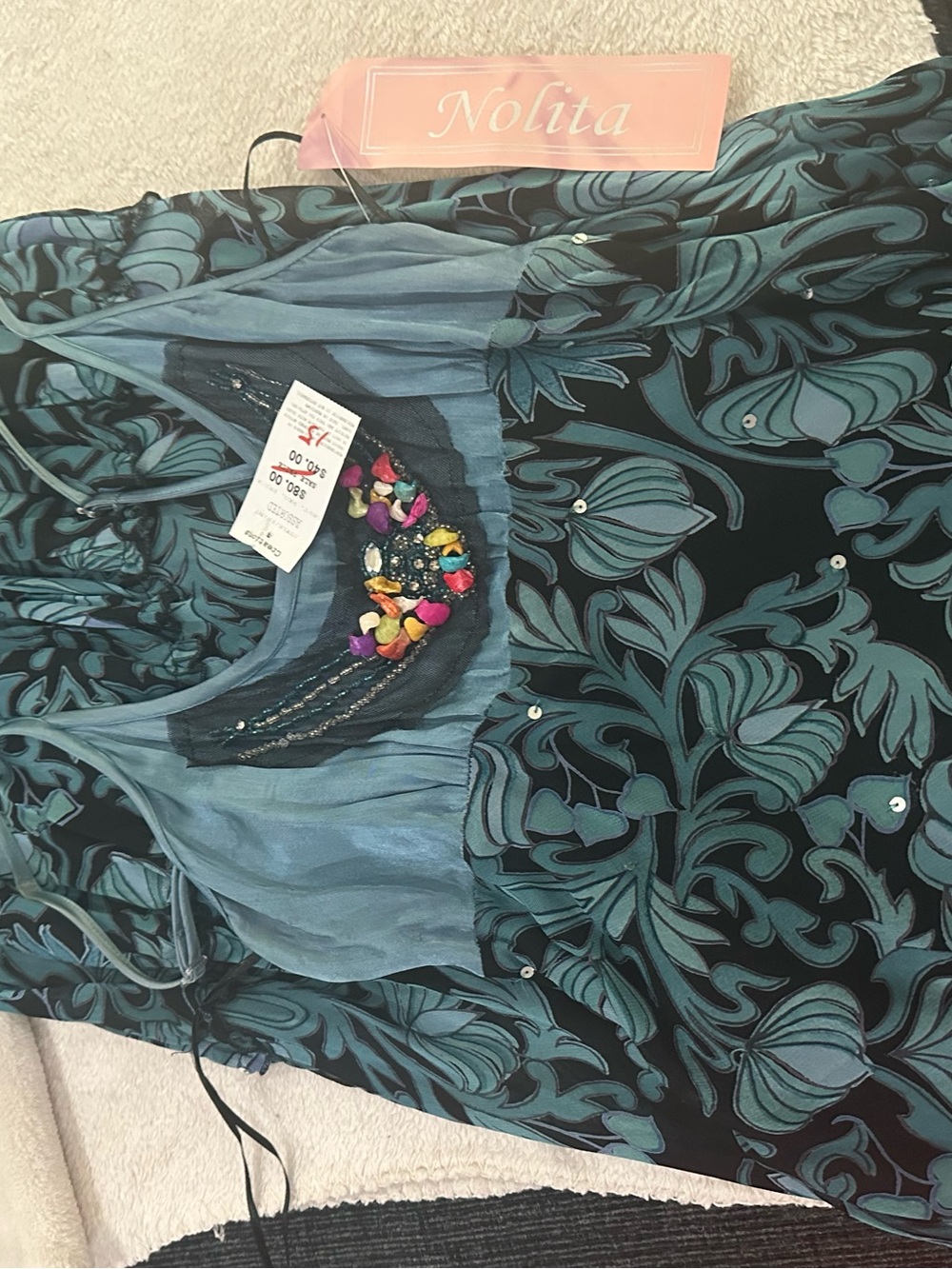 Temptations Teal & Black Floral Sleeveless Dress with Beaded Neckline